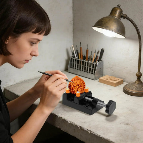 Heavy Duty Mini Drill Press Vise Clamp For Jewelry Milling And Wood Carving in use with a detailed craftsman at work.