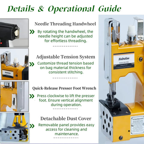Heavy Duty Portable Bag Sealing And Stitching Machine For Woven Bags, Nonwoven Fabrics And Leather - Cordless 36V Battery Pack, The Go-To On-The-Go Packing Tool For Warehouse And Farm, Yellow, close-up detail view