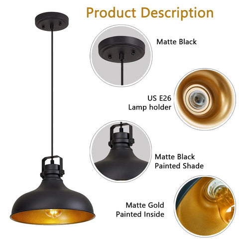 Black Farmhouse Pendant Lights Matte Finish Industrial Vintage Dome Hanging Light Fixtures details and features