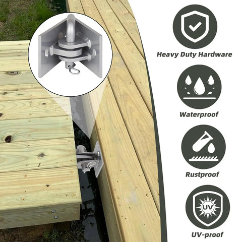 Beefy Heavy Duty Dock Hinge Kit For Floating Docks With Male And Female T Style Corner Hinges 4 Pack shown attached to wood dock.