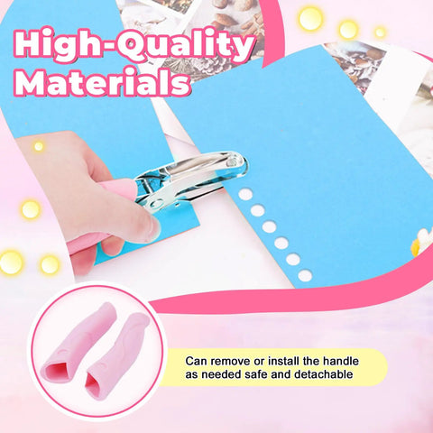 Person using Three Pack Handy Metal Handheld Hole Punch Set For Crafting And Scrapbooks with Soft Grip Handles punching paper