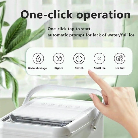 Electric Countertop Ice Maker Featuring Self Cleaning Tech And Rapid Bullet Cube Production In Just Six Minutes with one-click operation buttons.