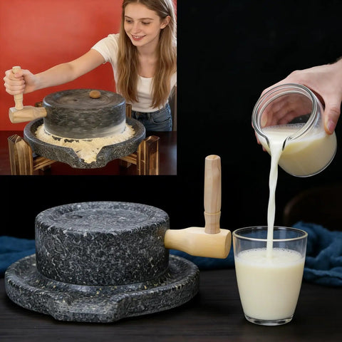 Woman grinding flour with Hand Crank Stone Grain Mill With Granite Grinding Stone And Sturdy Wood Base, glass of milk nearby.