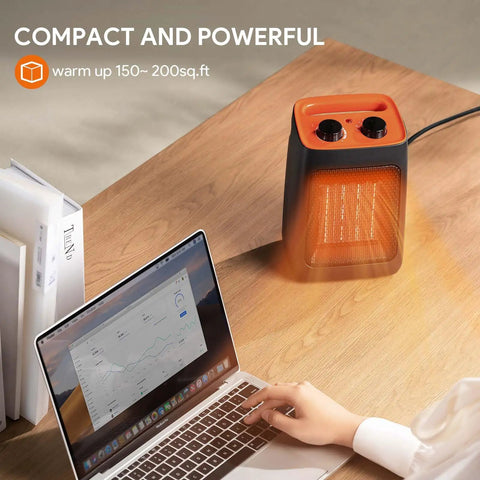 Portable Space Heater With Thermostat, 1500W PTC Ceramic Indoor Heater for desk, ETL Listed, Pet Safe, Orange.