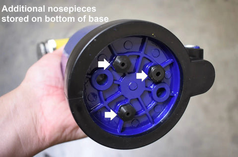 Bottom of Air Riveter With Quick Change Nosepieces showing 3/32 to 1/4 inch capacity storage, high speed pneumatic riveting tool base