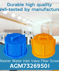 Blue and orange washer water inlet valve filter screens in laundry room setting. Washer Water Inlet Valve Filter Screens Inline Screen Replacement 2 Pack For Fast Clean Water Flow And Longer Life Replacing AP5202486 1810261 PS3618281 AGM73269501.