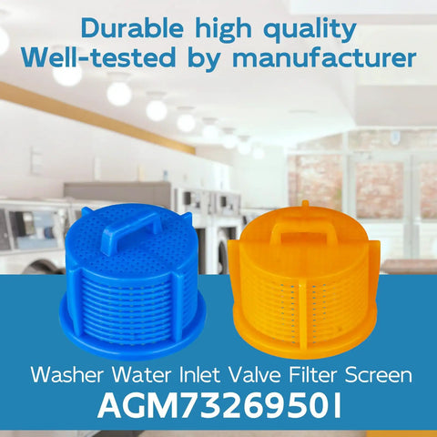 Blue and orange washer water inlet valve filter screens in laundry room setting. Washer Water Inlet Valve Filter Screens Inline Screen Replacement 2 Pack For Fast Clean Water Flow And Longer Life Replacing AP5202486 1810261 PS3618281 AGM73269501.