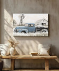 Rustic Countryside Barn Canvas Wall Art Featuring Blue Rusty Old Pickup Truck, White Flower Meadow, Windmill and Barn Backdrop For Farmhouse Decor, Vintage Country Vibe Print, 24x16 Inches.