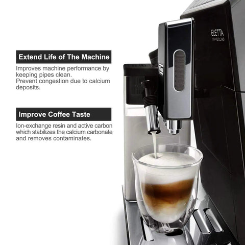 ECAM coffee machine with milk frother and coffee cup, highlighting Water Filter Cartridges For DLSC002 Activated Carbon And Ion Exchange Softener