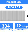 Heavy Hitter 18 Gauge 2 Inch Brad Nails Forged From Solid 304 Stainless Steel For Top Shelf Indoor Or Outdoor Upgrades With Zero Rust Headaches In A Massive 2500 Count Bundle That Plays Nice With Most Nail Guns Around, featuring product size and specifications.