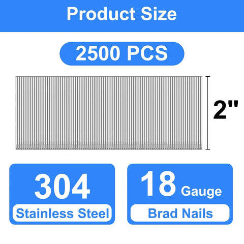 Heavy Hitter 18 Gauge 2 Inch Brad Nails Forged From Solid 304 Stainless Steel For Top Shelf Indoor Or Outdoor Upgrades With Zero Rust Headaches In A Massive 2500 Count Bundle That Plays Nice With Most Nail Guns Around, featuring product size and specifications.