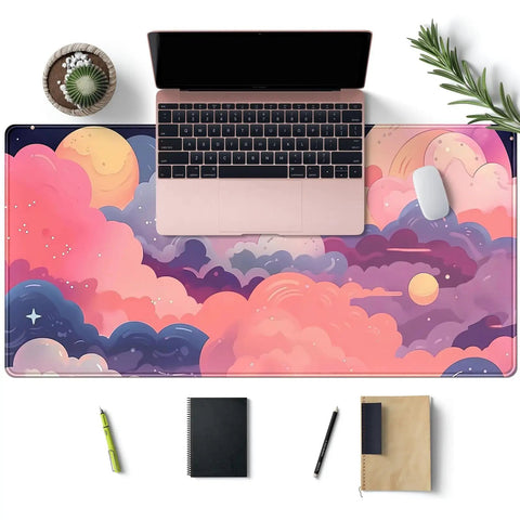 Cute Desk Pad With Kawaii Clouds In Pink And Purple XXL Full Desk Mat For Gaming And Work 31.5 By 15.7 Inches Non Slip Rubber Base