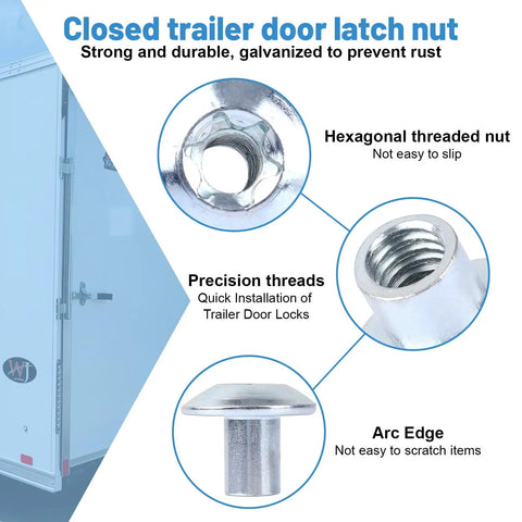 Real Deal Trailer Cam Hasp Latch Hardware Kit Ships With Eight Five Sixteenths Inch Torx Barrel Nuts And Zinc Plated Steel Bolts For Smooth Enclosed Cargo Door Hookup showing a strong galvanized door latch nut.
