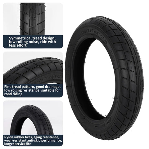 Close-up of 12.5X2.25 Bike Tire with tread details, compatible with 12 inch BMX bikes, kids bikes, strollers, caster trikes.