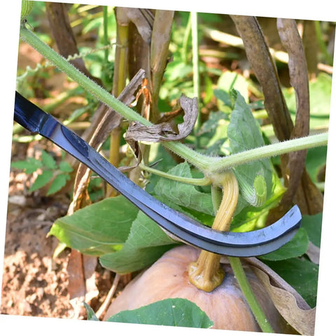 Close-up of a Two Piece Multi Function Mowing Tool Rustproof Scythe for weeding, cutting a plant stem in a garden.