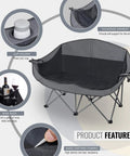 Outdoor Folding Double Camping Chair For Two People With 600 Lbs Heavy Duty Capacity Loveseat Style And Two Cup Holders Portable Carry Bag Included For Camping Lawn Backyard Movie Nights Chill Hangouts, featuring product features and details like cup holder, wine rack, armrest, and 600D Oxford fabric.
