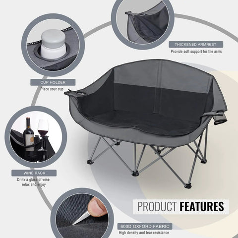 Outdoor Folding Double Camping Chair For Two People With 600 Lbs Heavy Duty Capacity Loveseat Style And Two Cup Holders Portable Carry Bag Included For Camping Lawn Backyard Movie Nights Chill Hangouts, featuring product features and details like cup holder, wine rack, armrest, and 600D Oxford fabric.