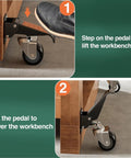 Smooth Rollin Heavy Duty Workbench Casters Kit With Four Polyurethane Wheels And Kick Step Lift Riser showing foot pedal to lift workbench.