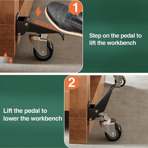 Smooth Rollin Heavy Duty Workbench Casters Kit With Four Polyurethane Wheels And Kick Step Lift Riser showing foot pedal to lift workbench.