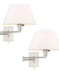 Set Of 2 15-Inch Sleek Modern Swing Arm Wall Sconces With White Empire Fabric Shades, 2-In-1 Plug-In Or Hardwired, 3-Way Switch, Satin Nickel Finish For Bedroom Or Living Room Vibe