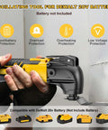 Cordless oscillating multitool in yellow/black DeWalt-style, 20V battery compatible, tools only (battery not included).