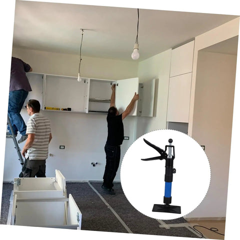 Two men installing kitchen cabinets using a Heavy Duty Telescopic Cabinet Lift Jack With Adjustable Support Pole.