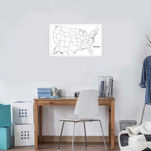 Laminated Blank United States Map Poster 18 By 29 Inches for Wet Erase Markers in a home office setup on wall above desk