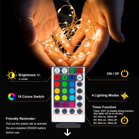Big 39 Feet 120 LED Battery Powered Fairy Lights With Remote And Timer, RGB Color Changing String Lights in hands with remote
