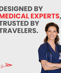 Front view of Roamwell Essential Travel Medicine Kit; nurse in blue scrubs with a stethoscope against a gray background.