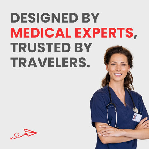 Front view of Roamwell Essential Travel Medicine Kit; nurse in blue scrubs with a stethoscope against a gray background.