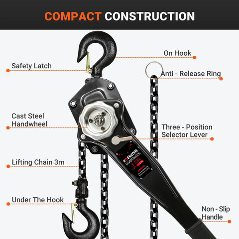 Front view of KOERZORE manual lever chain hoist, 3-ton capacity, galvanized carbon steel with lifting chain and hook
