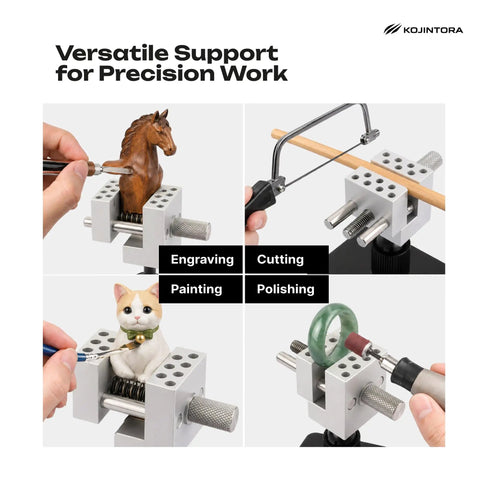 Totally Portable Nifty Mini Table Vise With Quick Swap Clamp holding various items for engraving, painting, and polishing work.