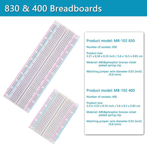 Plug And Play Breadboard Kit With Power Supply Module, Jumper Wires, Battery Clip, 830 And 400 Tie-Point Breadboard, Alligator Clip Test Leads