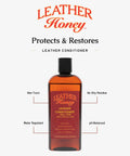 Leather Honey Leather Conditioner bottle, front view; amber bottle with black cap, 8 oz.