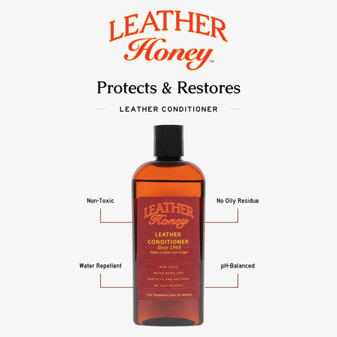 Leather Honey Leather Conditioner bottle, front view; amber bottle with black cap, 8 oz.