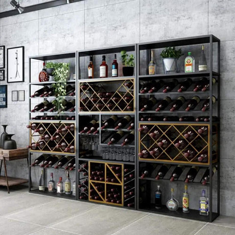 Heavy Duty Retro Industrial Wine Rack Delivers Legit Bar Setup For Your Crew With A Rock Solid Iron Frame showcasing bottles on display.
