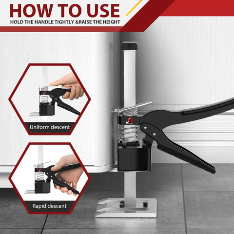 Upgrade Your Home Game With This 2-Pack Labor-Saving Arm Jack Handle, showing tool usage for lifting furniture with 6.69 inch lift.