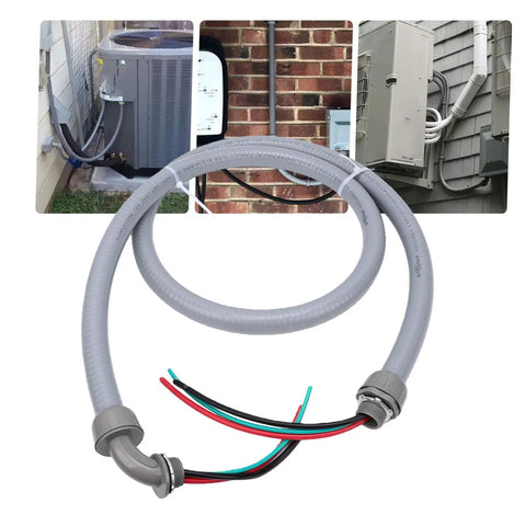 Pre Wired AC Whip Kit With Three Quarter Inch Flexible Liquid Tight Conduit Six Feet Long 8 AWG Copper Wire Three Conductor in outdoor setup.