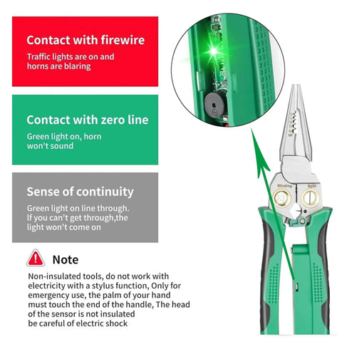 The Real McCoy 8 In One Wire Stripper With Built In Voltage Tester, showing function indicators and safety note.