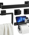 Dope Matte Black Bathroom Accessories Set 5 Piece Rustproof SUS304 Stainless Steel Wall Mounted Hardware With 16 Inch Towel Bar Towel Ring Toilet Paper Holder With Shelf And Towel Hooks featuring a towel bar, toilet paper holder, towel ring, and hooks