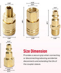 60 Piece 1/4 Inch NPT Air Hose Fittings Quick Connect Coupler And Plug Kit For Air Compressor showing size dimensions of four brass fittings.