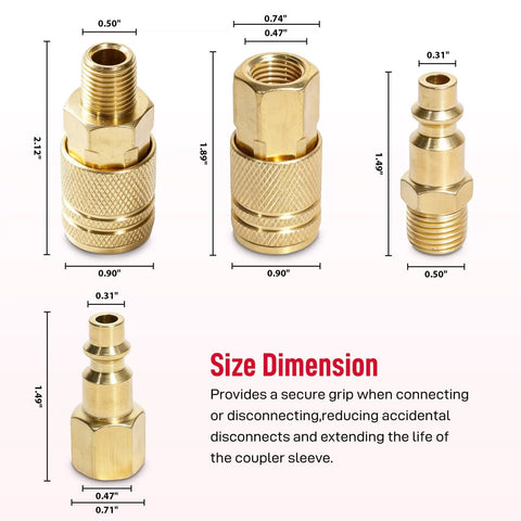 60 Piece 1/4 Inch NPT Air Hose Fittings Quick Connect Coupler And Plug Kit For Air Compressor showing size dimensions of four brass fittings.