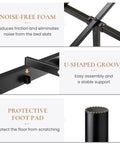 Features of Queen Metal Platform Bed Frame Featuring Victorian Headboard: noise-free foam, U-shaped groove, protective foot pad.