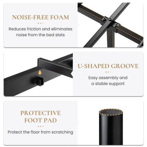 Features of Queen Metal Platform Bed Frame Featuring Victorian Headboard: noise-free foam, U-shaped groove, protective foot pad.