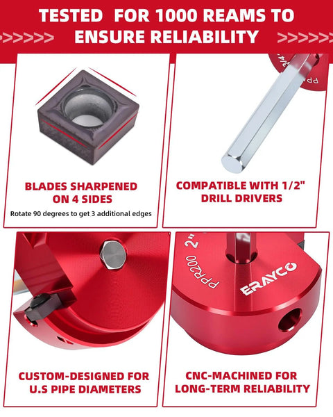 ERAYCO 3/4 in PVC pipe reamer with red CNC‑machined body; compatible with 1/2 in drill drivers