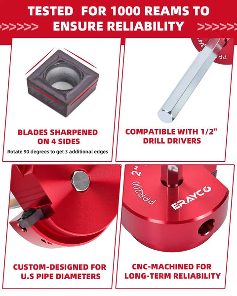 4 Inch PVC Pipe Reamer for Plastic Pipe Fittings with aluminum body and carbide insert, fits standard 1/2 inch drills, reliability tested