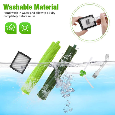 Compatible Roomba Replacement Parts Kit with rubber roller brush, HEPA filter, edge sweeping brush, submerged in water.