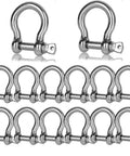 14 Pcs Clevis Shackle Set Five Sixteenth Inch Screw Pin Bow D Ring Shackles Stainless Steel 304 Heavy Duty For Anchor Towing Off Road Recovery M8 Chain Shackles displayed in rows.