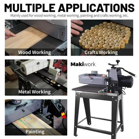 Collage of woodworking, crafts, metal working, and painting tools showcasing the uses of 100 Grit Drum Sander Feed Belt For Woodworking.