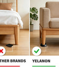 Comparison of rubber furniture pads under a bed and couch, highlighting the Twelve Piece Heavy Duty Rubber Furniture Pads, 2 Inch Anti Skid Coasters To Lock Down Couches And Tables, Tight Grip Floor Protectors That Keep Hardwood And Tile Scratch Free In Black.